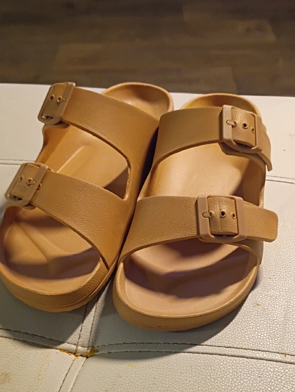 Qupid Tan Double-Buckle Slide Sandals